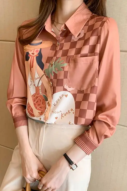 

Houthion Slim Blouse All-match Women's Shirts Long Sleeve Cartoon Print Shirt New Fashion and Casual Lapel Lady Blusas