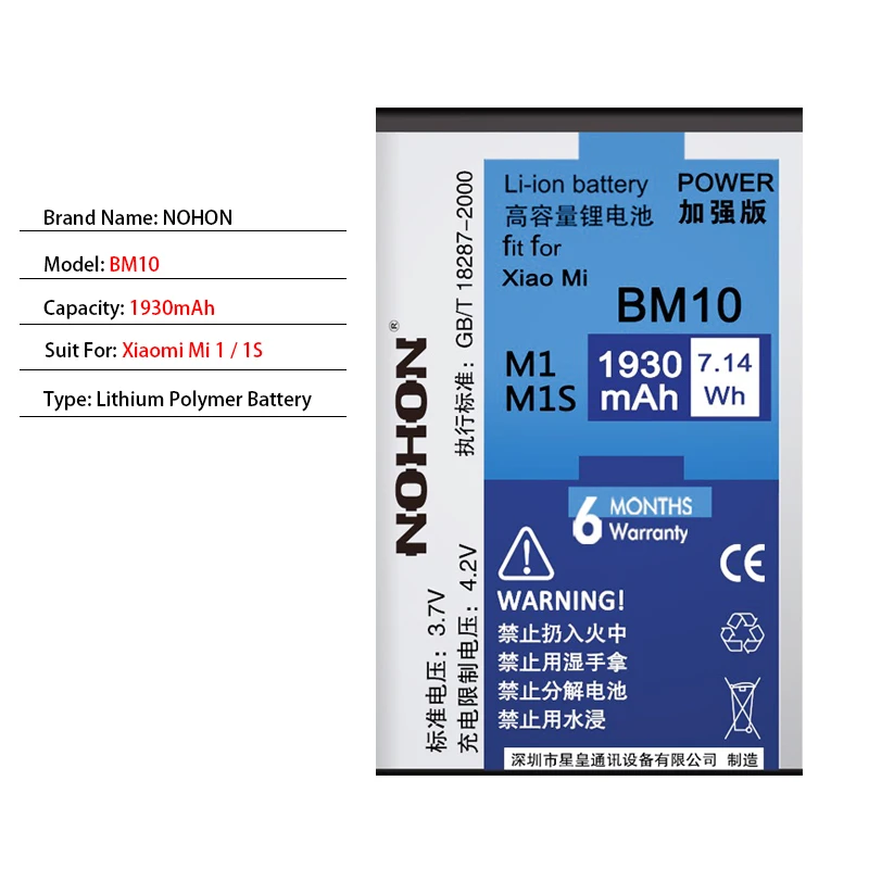 NOHON BM20 BM22 BM31 BM32 BM10 Батарея для Xiaomi Mi 1 1 S 2 2 S 3 4 5 Замена литий-полимерный аккумулятор в розницу посылка - Цвет: BM10 For Mi1 Mi1S