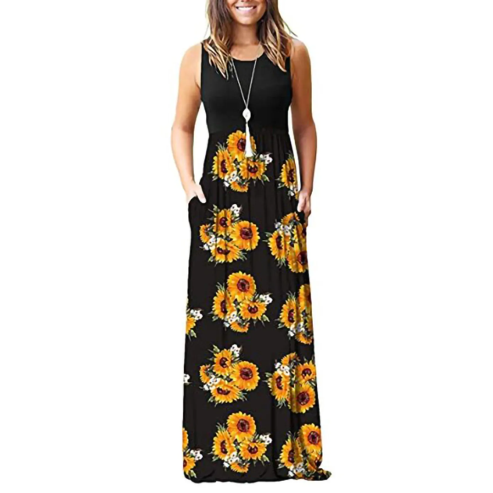 

С принтом в виде подсолнухов платье для женщин большой Размеры с О-образным вырезом платья макси ремень женский летнее повседневное Свобод...