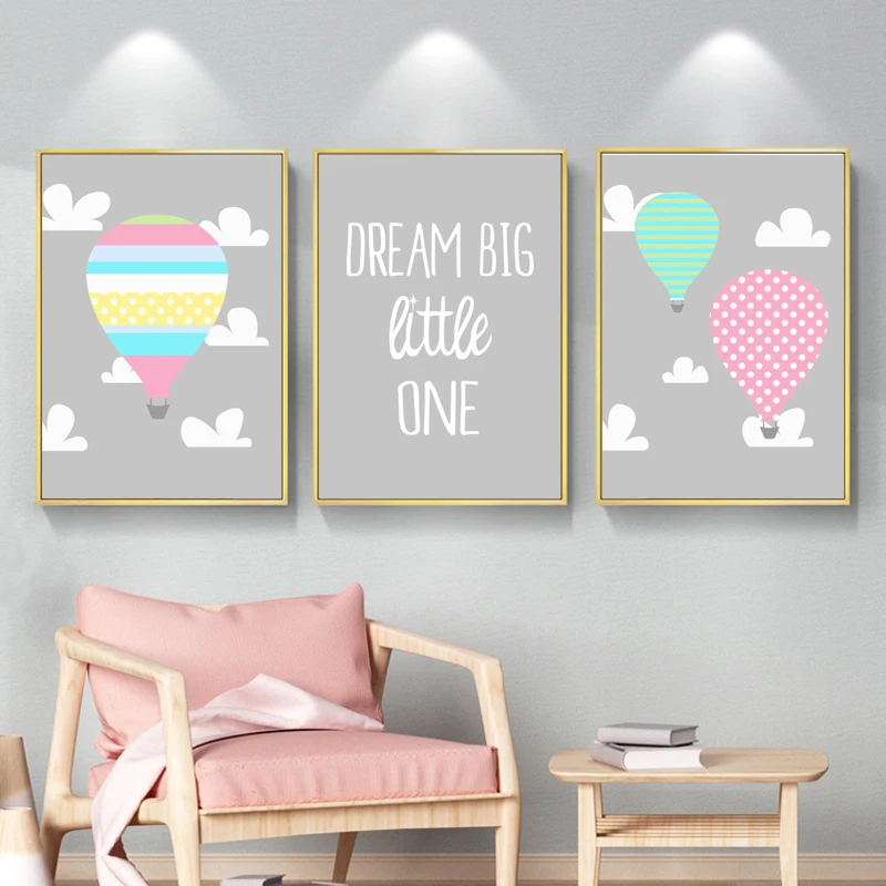 Мультяшные воздушные шары плакаты настенное искусство розовое и серое Холст
