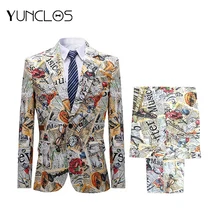 YUNCLOS Chaqueta con estampado colorido para Hombre, pantalones de fiesta con una hebilla, Traje Tuexdo, Traje ajustado, moda de grafiti, 2 uds. (1)