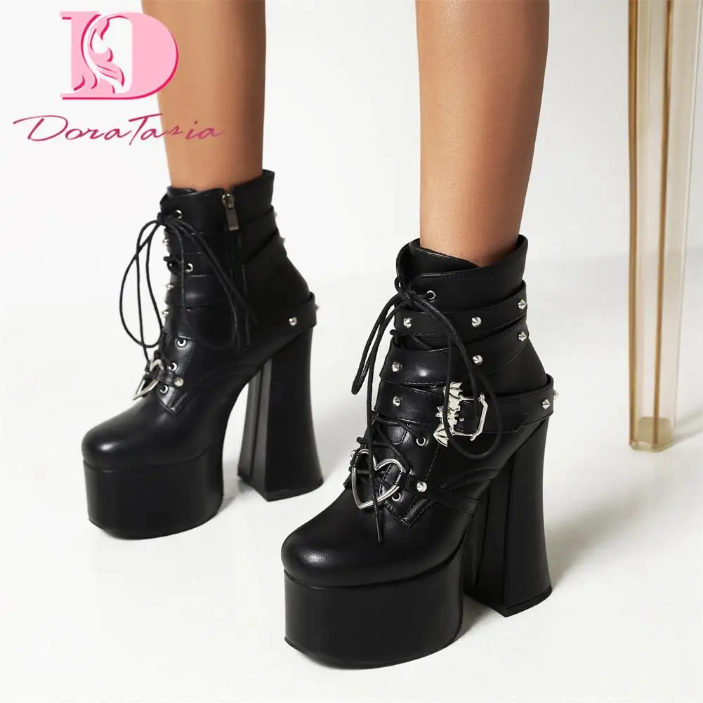 Doratasia Design Brand New Female Square High Heels Round Toe Boots Cross-Tied Zip Buckle Platform Ankle Boots Women