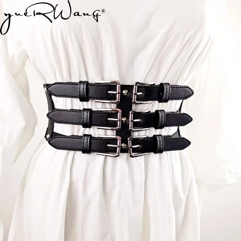 

YUERWANG Women Cummerbunds Rivet Decoration Holloe Out Elastic Ultra Wide PU Waistband Fashion Black Leather Belt Corset 2021
