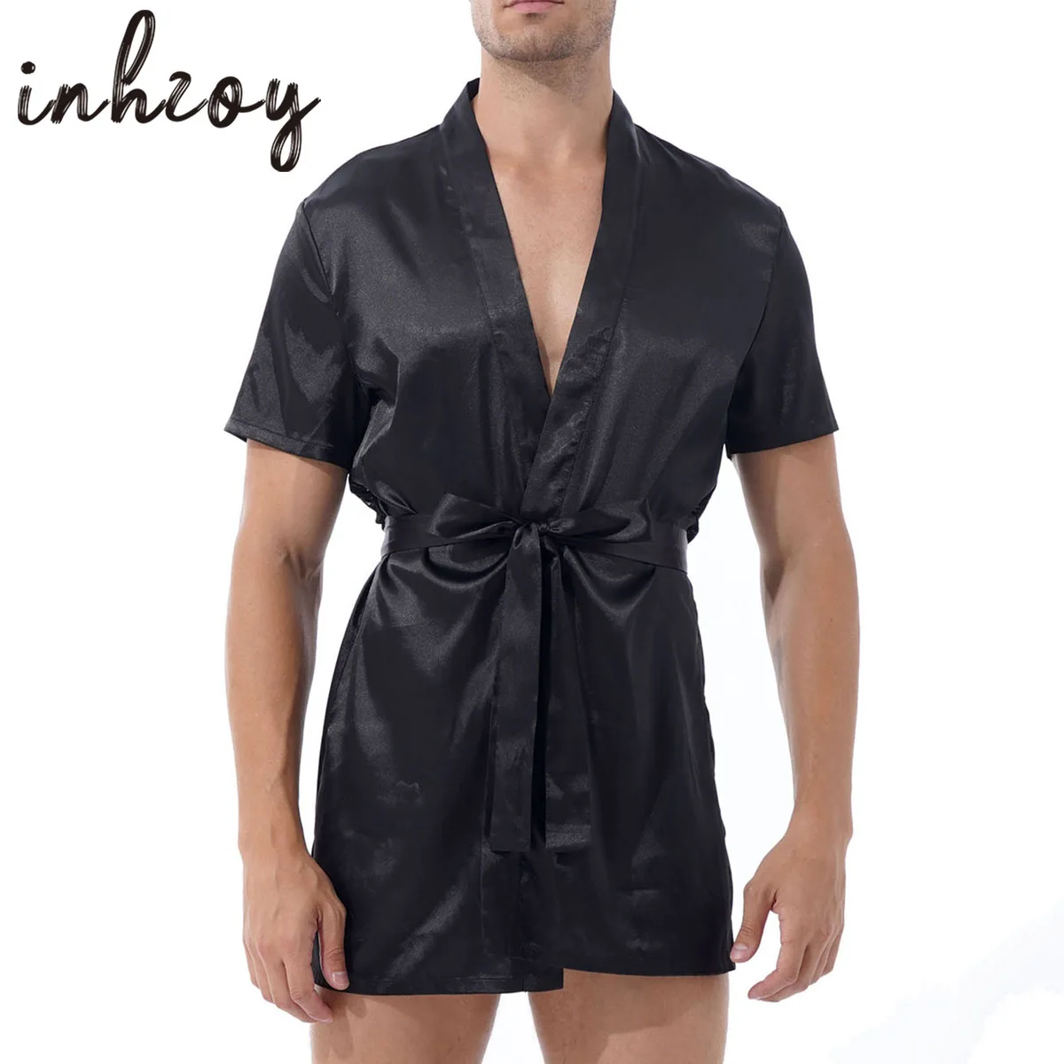 Man Black Satin Kimono Robe Silk Bathrobe Lighweight Loungewear See-Through Floral Lace Back Sissy Male Nightwear Sleepwear