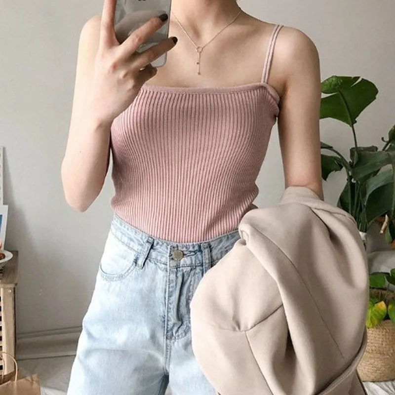 Новинка сексуальный топ без рукавов с лямкой на шее женские вязаные топы