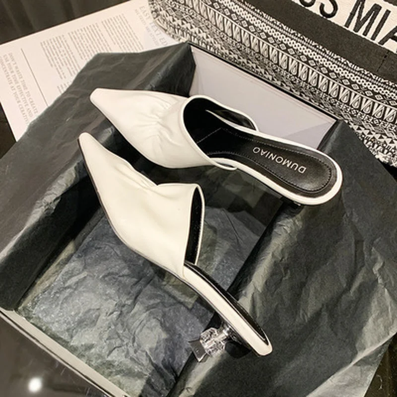 

White Leather Crystal Transparent Heels Mules Ladies Sandals Slippers Slip On Pointed Toe High Heels Women Mules Pleated Slides