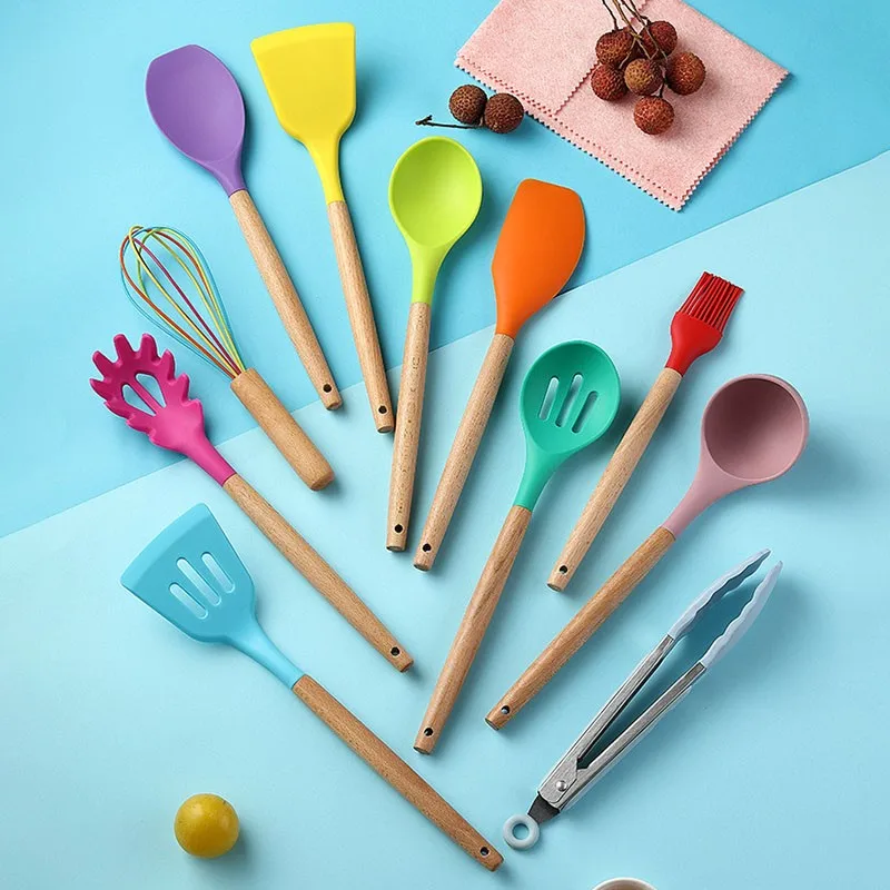 

Бытовая кухонная утварь, Набор цветных силиконовых кухонных принадлежностей, деревянная ручка, зеленая ложка, 12 шт.
