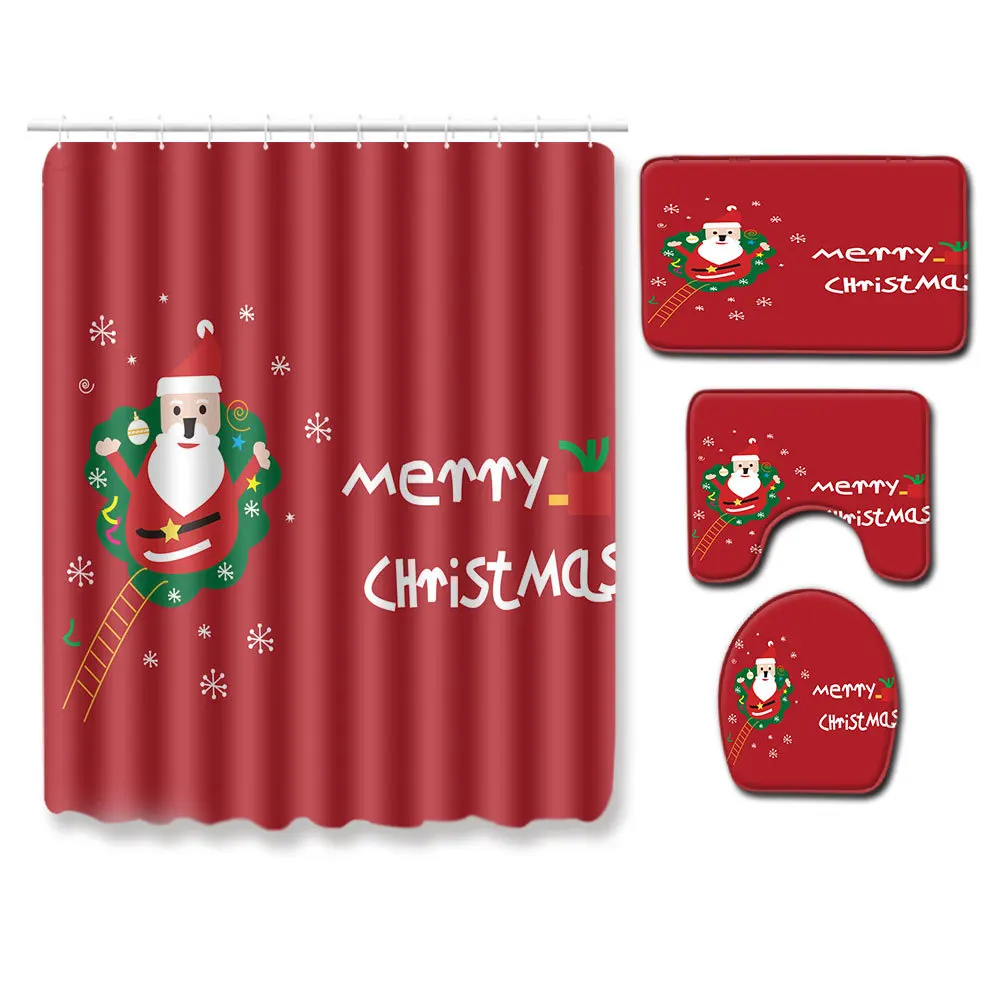 

Christmas Bathroom Bath Mat and Waterproof Shower Curtain Set Washable Toilet Seat Cover Mat Anti-slip Toilet Rug Bath Mat Set