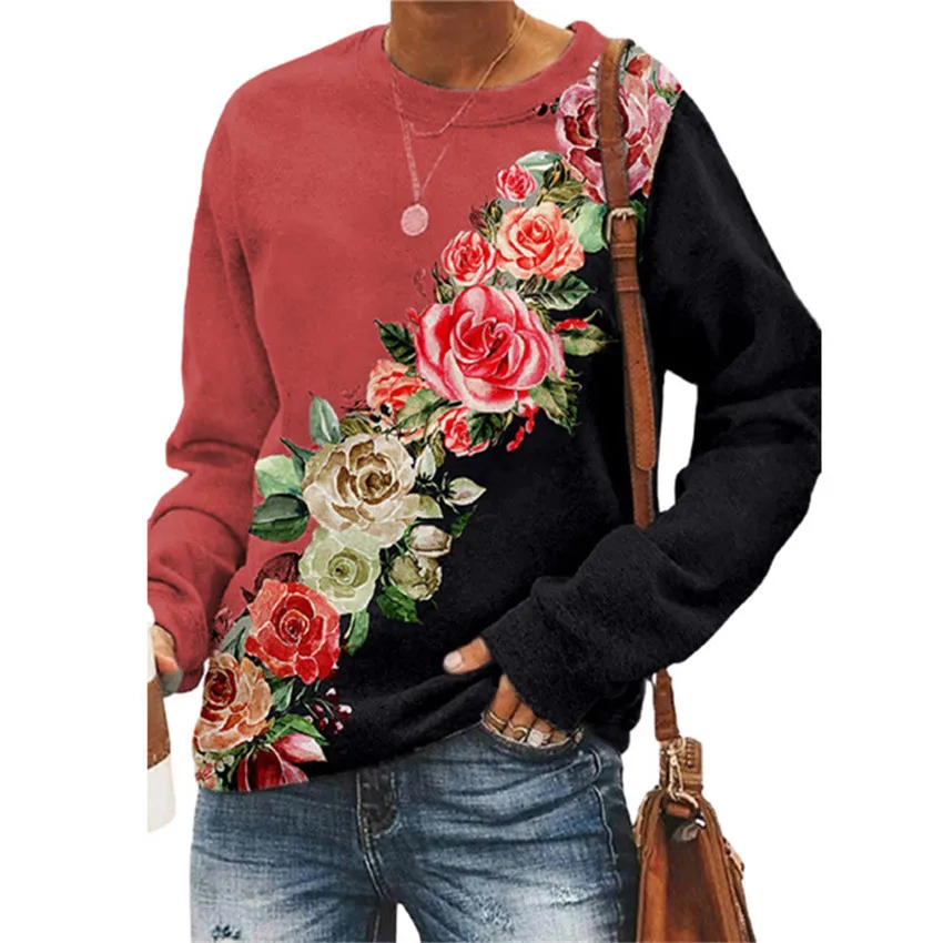 

Женская футболка с цветочным принтом, круглым вырезом и длинным рукавом