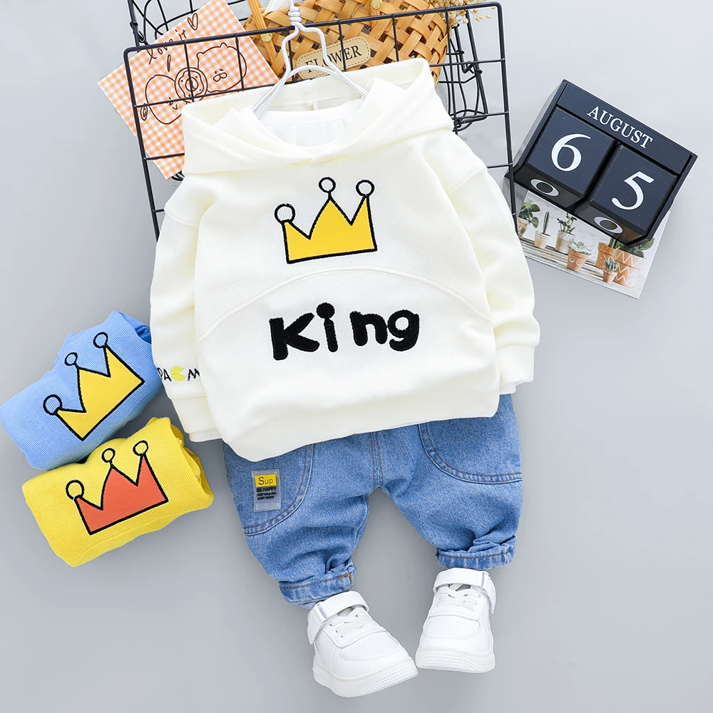 

ZWF292 New Kid Boy Casual Hooded Clothing Set Outfit 2-8 Years Cute Cartoon Letter Print T-Shirt and Jeans Kids Boy Costume