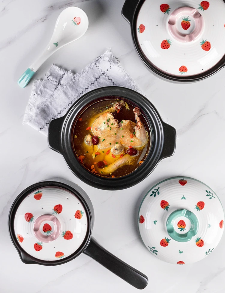 

TIMEMORE New Arrival Ceramic Soup Stew Pot With Hnadle 1/2.5/3.5L Strawberry Casserale Household Open Fire Milk Pot