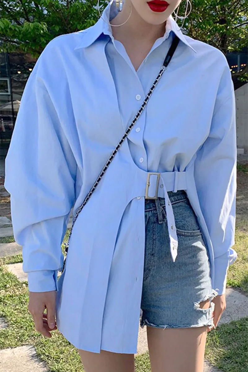 

New Design Turn Down Collar Single Breasted Belt Irregularly Loose Casual Puff Sleeved Shirts Woman Blouse