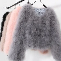 sexy ostrich wool turkey real fur women black coat genuine feather short plus size 5xl7xl winter festival long sleeve jacket