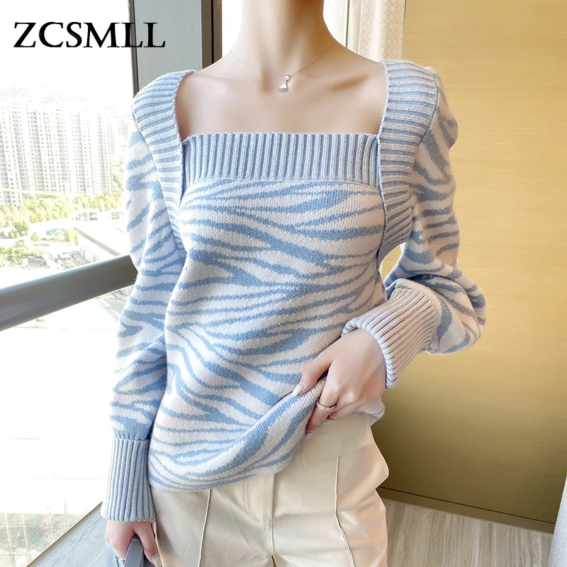 

Вязаный свитер ZCSMLL в полоску с цветными блоками для женщин, свободные женские пуловеры с квадратным воротником и длинным рукавом, с принтом ...