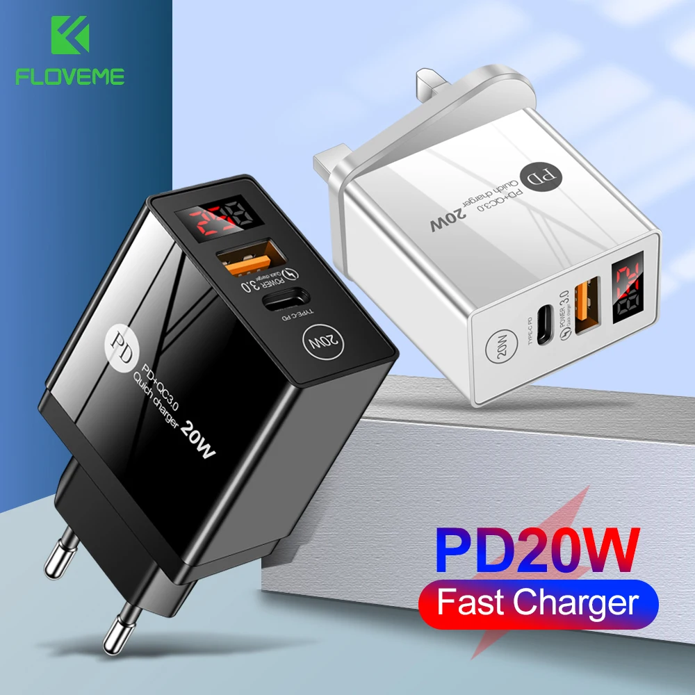 Зарядное устройство FLOVEME с двумя USB-портами и поддержкой быстрой зарядки QC3.0 + PD20W