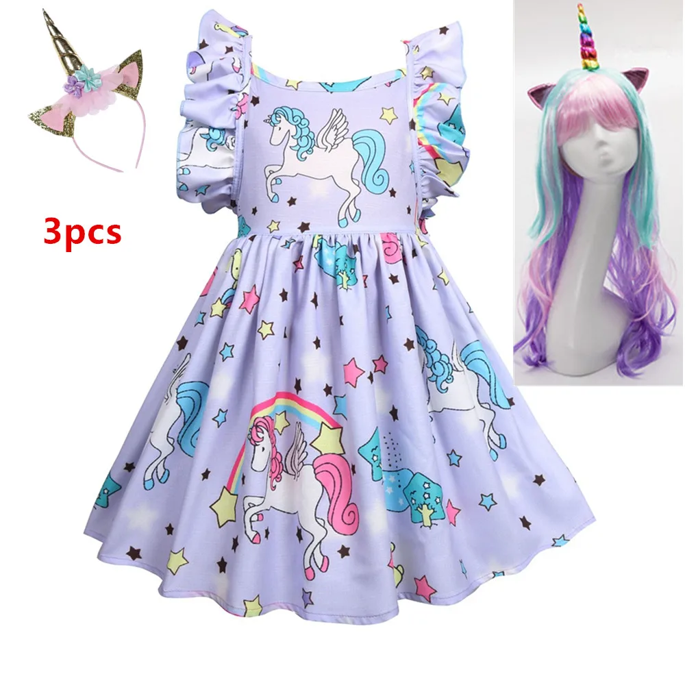 Vestidos/летнее платье для девочек коллекция года, брендовый Единорог для вечеринки с открытой спиной, платье принцессы Детский костюм, детская одежда розовый+ парик