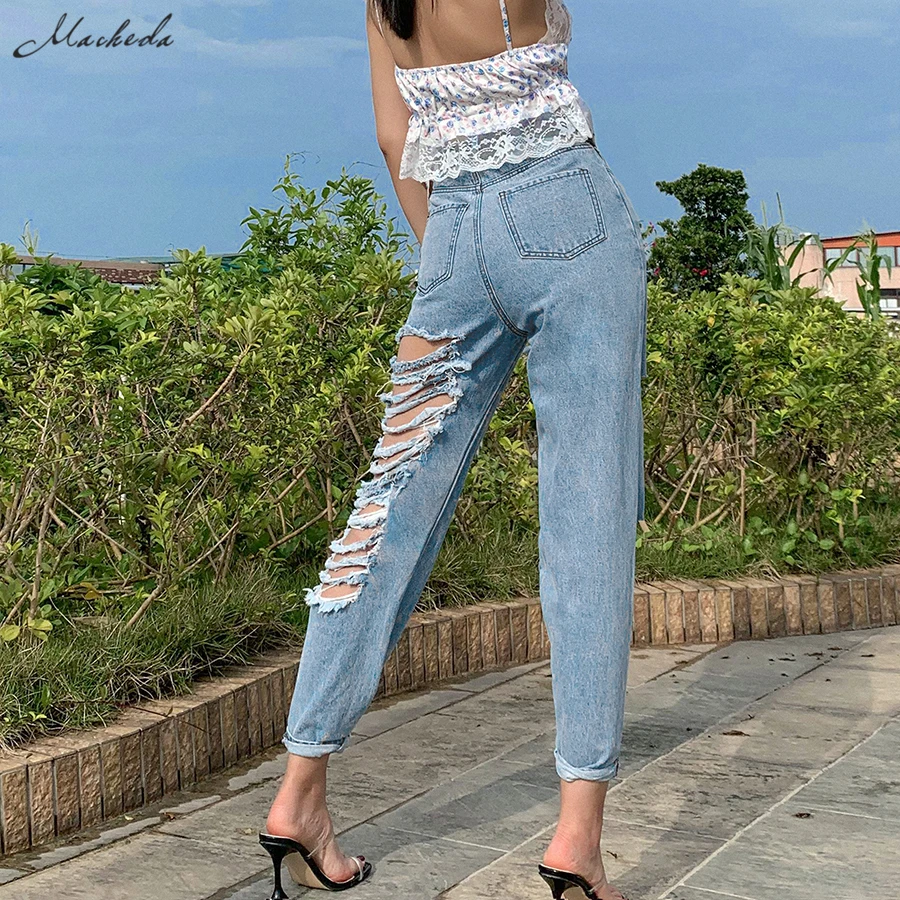 Женские синие джинсовые брюки Macheda с дырками Модные осенние женские облегающие