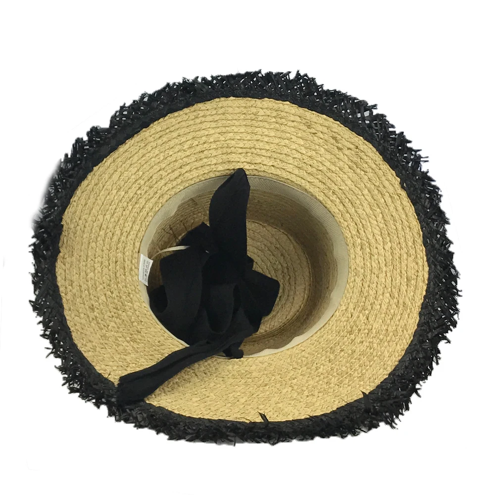 

YY Raffia Straw Cap with Black Long Ribbon Sunhat Women Summer Beach Caps Wide Brim Nature Sun Visor Hat Chapeau Anti UV SH20056