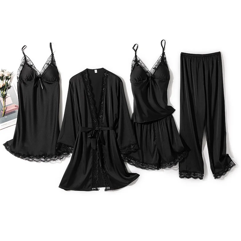 

Pajamas Suit With Lace Pants For Women Sexy Kimono Robe Gown 5PCS Pyjamas Pour Femme Sexy Satin Home Clothes Comfy Loungewear