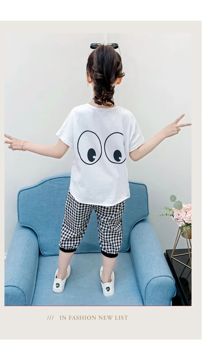 

2021 new Summer Girls Clothing Sets cartoon eyes Short Sleeve T-shirt + plaid casual five Pants Teenager 8 10 12 14 Years junior