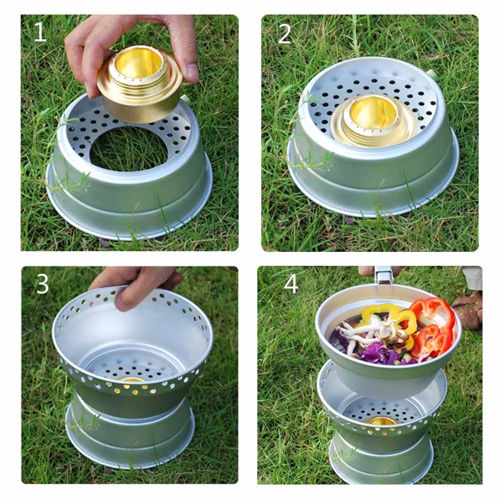 

Portable Camping Cookware Mess Kit Alcohol Stove Spirit Burner with Stand Pot Pan Gripper Cooking Backpacking Hiking Picnic BBQ