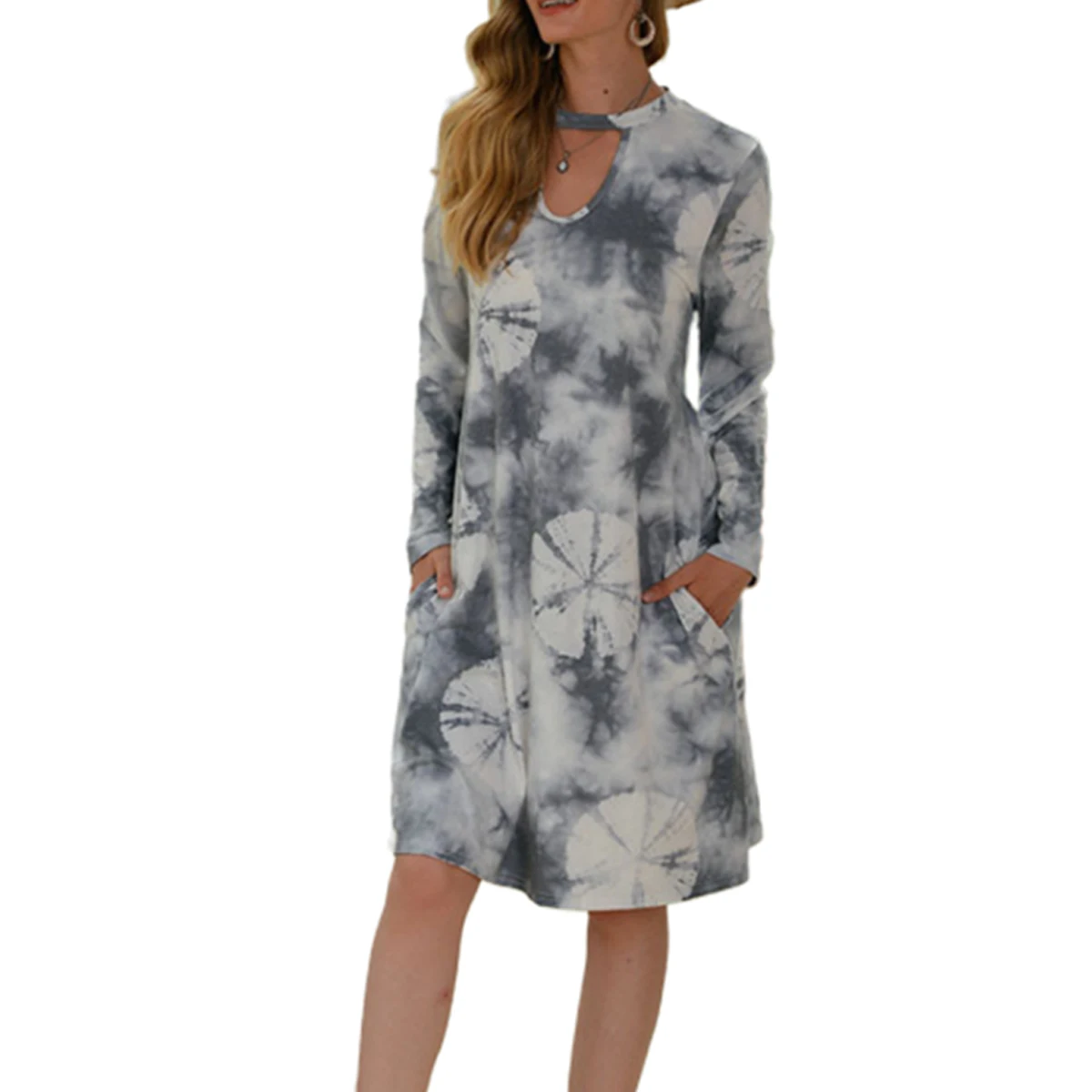 

Fashion Women Mid-length Floral Printed Dress, Long Sleeve Round Collar Elegant Skirt for Autumn/ Spring