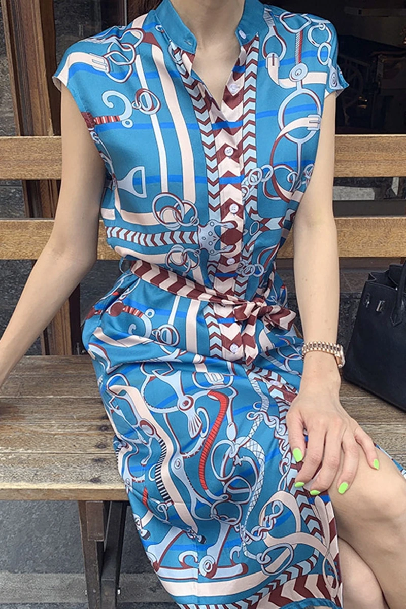 

2020 summer Korean ladies temperament single-breasted belt Slim waist print dress sleeveless Office Lady Work Wear Summer Vestid