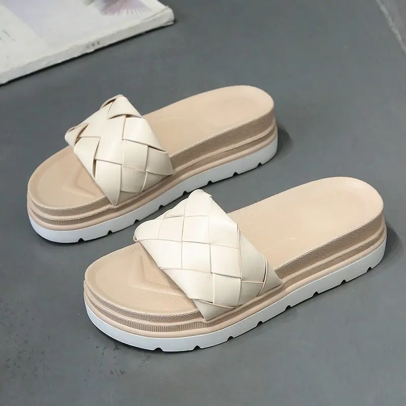 

Dropshipping Casual Comfortable Rubber Slides Summer Flat with Weave Beach Slippers Women Outdoor Open Toe Platform Sandals