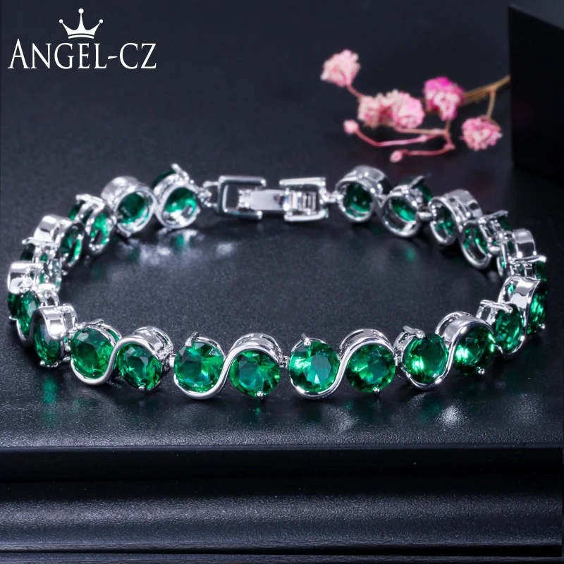 ANGELCZ 925 пробы серебряные женские ювелирные изделия классический круглый зеленый создан Изумрудный кубический циркон браслет-цепочка с камнем для женщин AB002