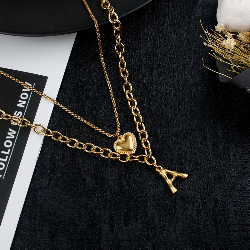 

Layered Necklace Stainless Steel Initial Name Necklace Gold A-Z Letter Heart Pendant Couple Man Girl Jewelry Gift