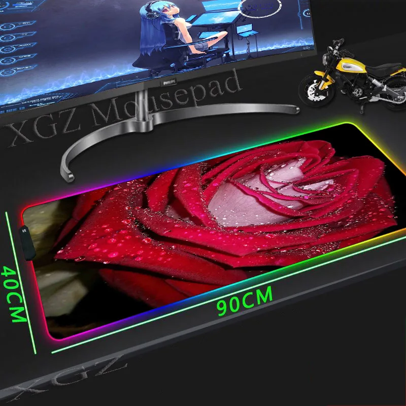 

XGZ HD Night Scene Dewdrop Red Rose Large RGB Mouse Pad Black Lock-edge Animated Custom Computer Desk Mat Rubber Anti-slip Xxl