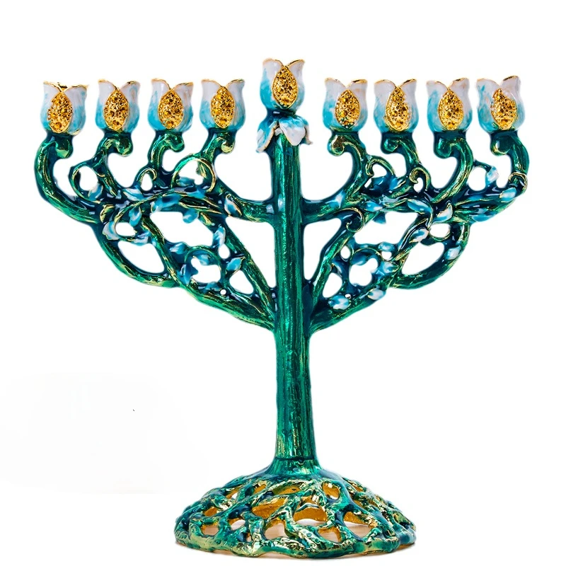 

Hand-painted Hanukkah Menorah Jewish Lamp 9 Branch Jerusalem Temple Jewish Candle Holder Chanukah Candlesticks Decoration