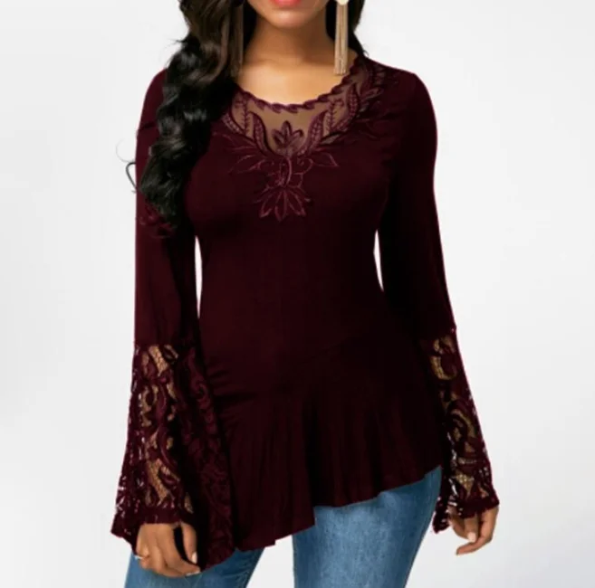 

2022 Women Hot T-shirt Top Casual Autumn O Neck Long Sleeve Plus Size Lace Stitching Irregular Hem T-shirt Fashion Flared Sleeve
