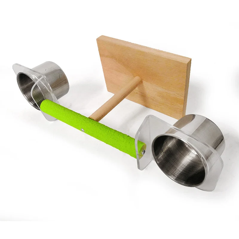

Pet Bird Parrot Wood Platform Stand Rack Toy With Stainless Steel Cups Container Food Bowl ParrotPaw Grinding Bites Toy