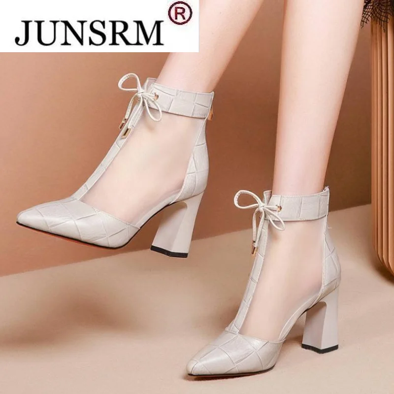 

Босоножки женские на толстом каблуке, сетчатые короткие ботинки, новинка весны 2022, ботинки с острым носком и открытым носком, босоножки на в...