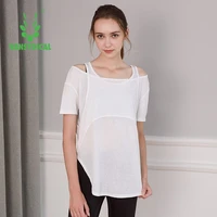 vansydical loose yoga shirts women sexy fake two short sleeve solid colour fitness workout t shirts quick drying sport tops