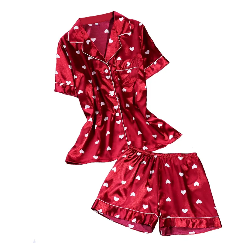 

Pajamas Women Summer-Fold-down Collar Cardi-Short Sleeve Shorts Stain Silk Two-Piece Set Korean Short Sleeve Pyjamas Couple