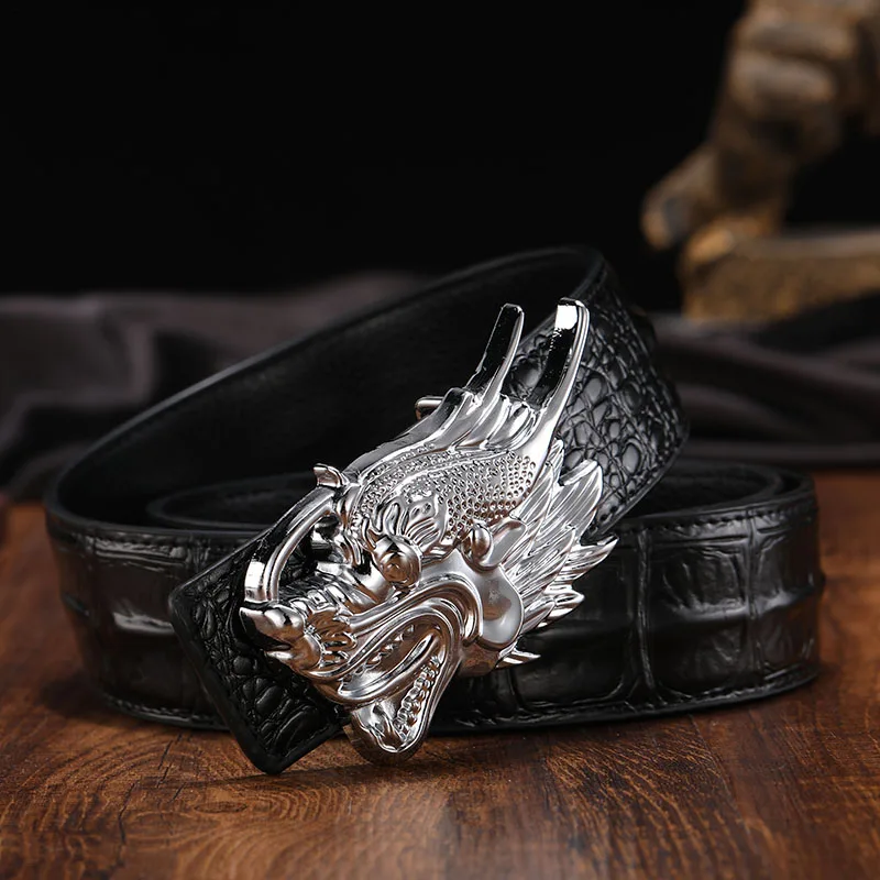 Dragon buckle Крокодиловая черная кожа, повседневный мужской ремень, роскошная Золотая Пряжка со львом из воловьей кожи, ремень из натуральной кожи для джинсов, деловой ремень, мужские подарки - Цвет: Dragon buckle
