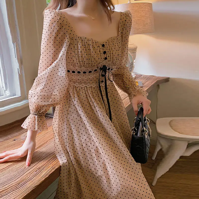 

Женское винтажное платье миди в горошек, элегантное офисное платье во французском стиле с квадратным вырезом и рукавом-фонариком, весна 2021