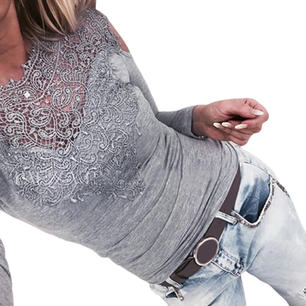 Сексуальные женщины полые Кружева Лоскутная холодная плеча с длинным рукавом