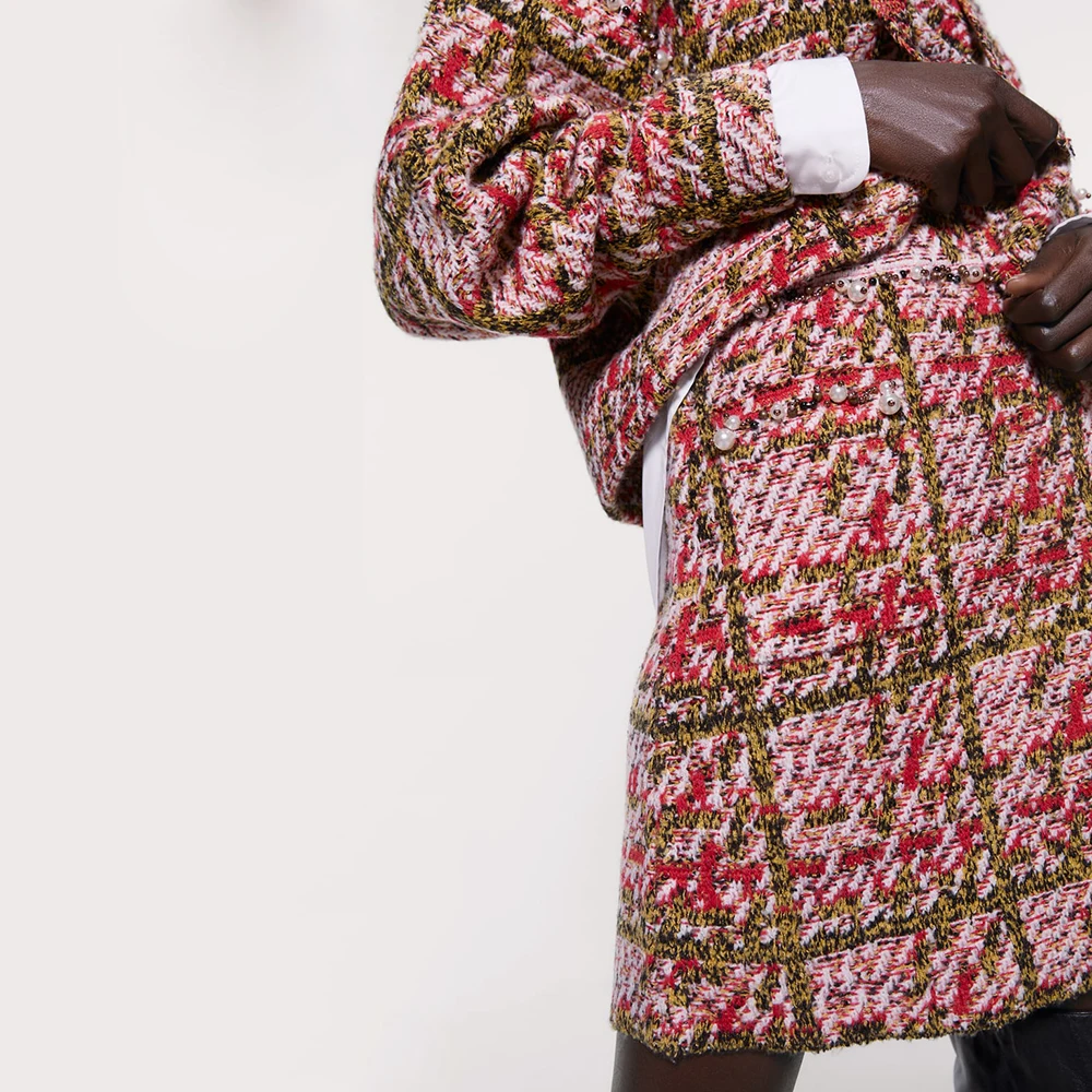 ZA осенне зимний новый комплект с юбкой и свитером вязаный клетчатый свитер