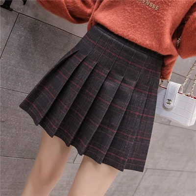 Red plaid Новые осенние зимние шерстяные юбки с высокой талией трапециевидной формы плиссированные мини-юбки корейский консервативный стиль женские юбки серый/черный - Цвет: Red plaid