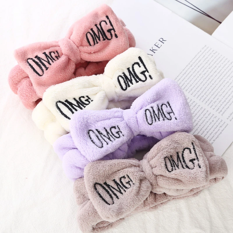 Повязка на голову женская из кораллового флиса с бантом и надписью OMG| |