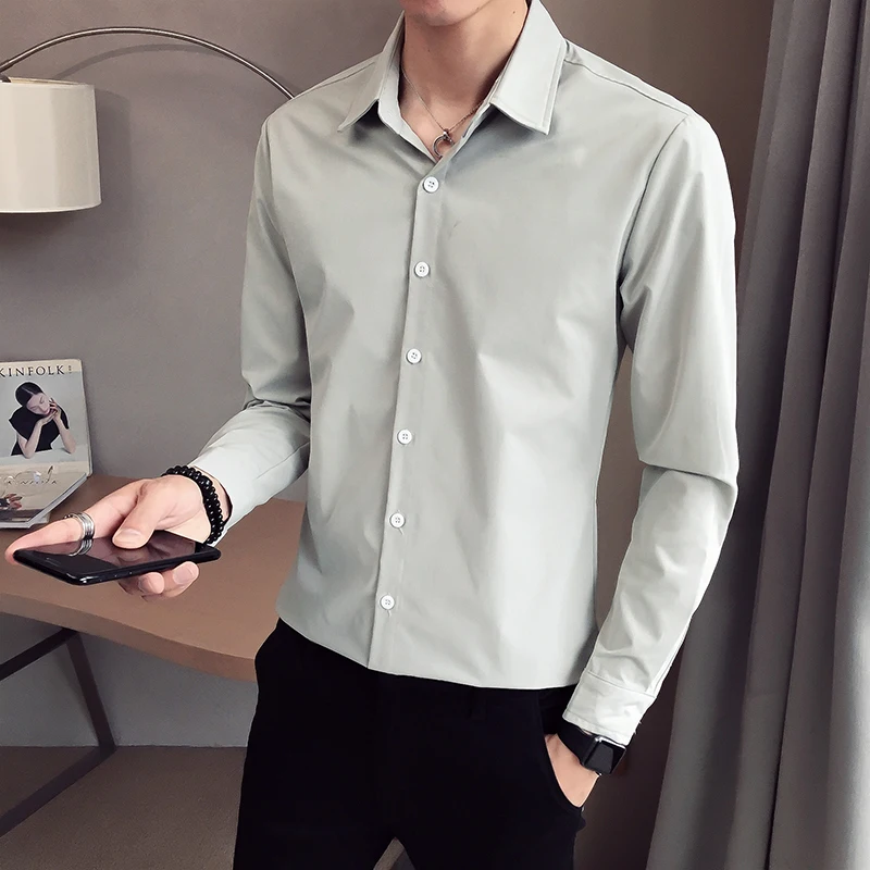 

Solid Basic Style Men Shirts 2021 Spring New Korean Casual Slim Fit Shirt High Quality Men's Clothing Light Business Camisas