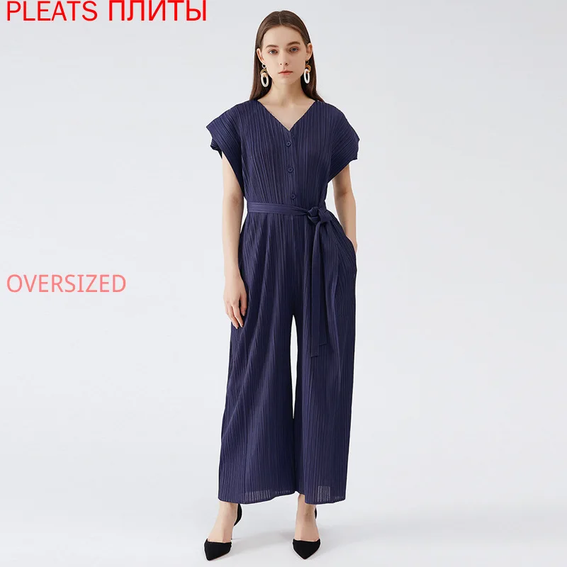 Miyake Summer  New V-neck Jumpsuit High Waist Wide Leg Loose Show Thin Casual Ombinaison Femme Monos Mujer Women