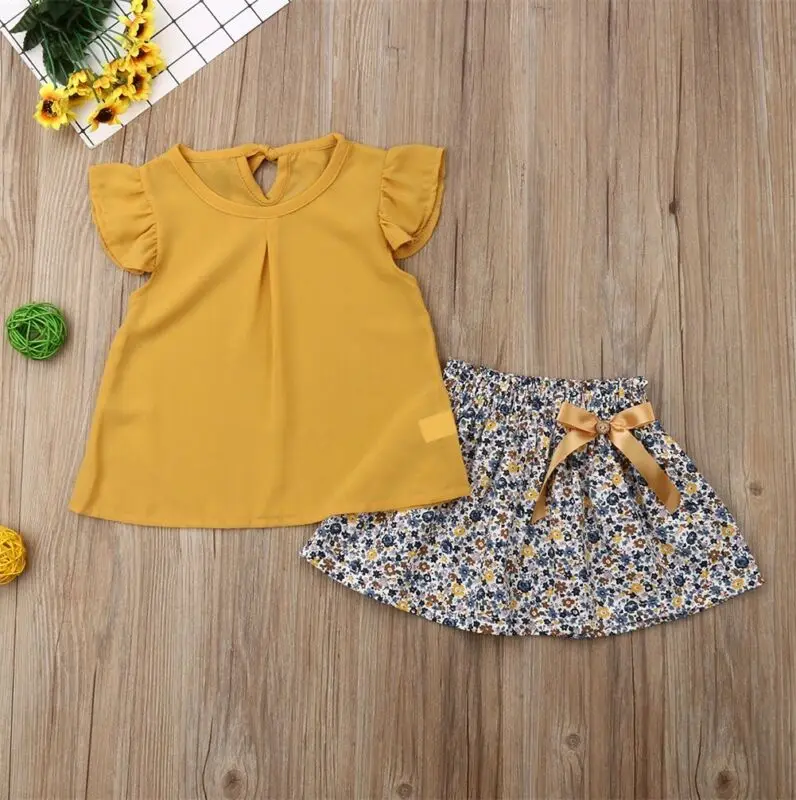 

Toddler Baby Girls Summer Outfit Chiffon Tops T-shirt Floral Skirts Clothes Set