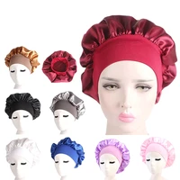 58cm long hair care women satin bonnet cap night sleep hat silk head wrap adjust shower caps knitted cap solid color