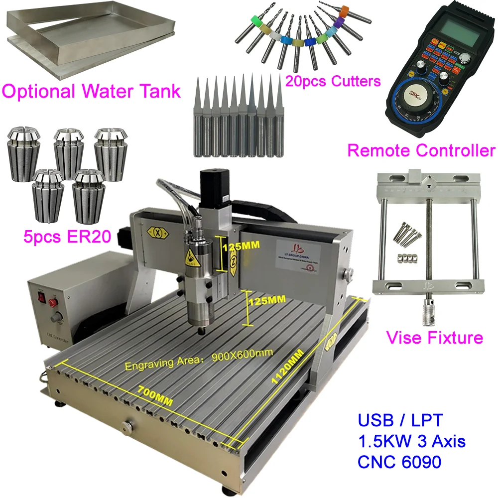 

Metal Woodworking CNC Router 6090 1.5KW USB CNC Engraving Milling Machine with MACH3 Remote Control Fixture Vise Water Tank