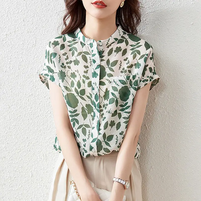 

Fashion Women Summer Shirts Elegant French Style Chiffon Blouses Short Sleeve Floral O-Neck Print Loose Tops Blusas MM0534