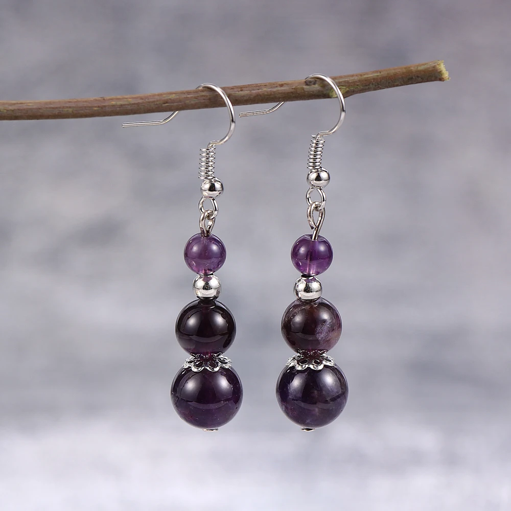 Fashion Women Natural Stone Earrings 6 8 10mm Purple Pink Crystal Beads Long Dangle Hook Drop Earring Jewelry Gifts For | Украшения и